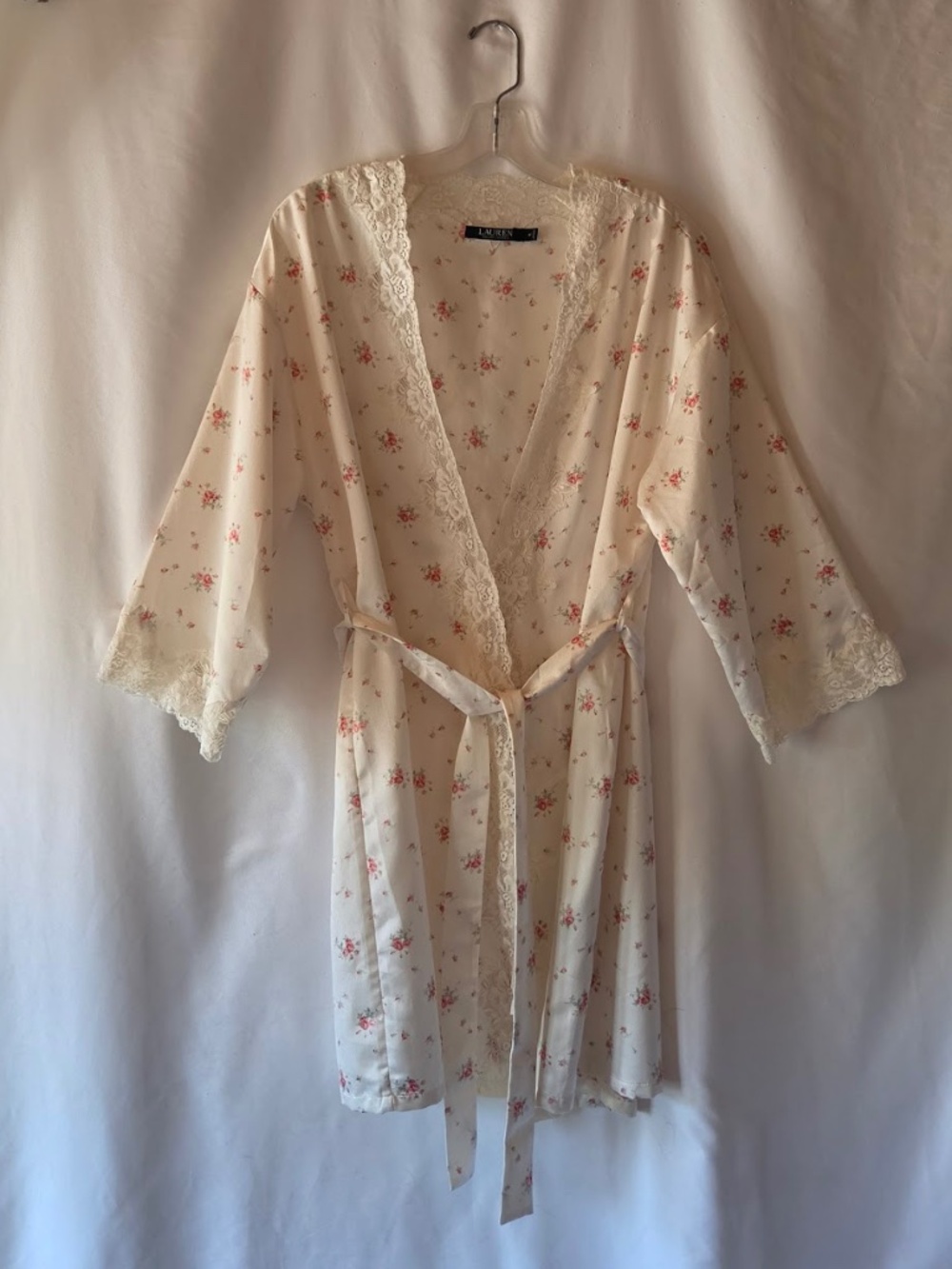 Vintage Lauren Ralph Lauren Pink Floral Satin Robe Short Wrap Lace Trim Size M